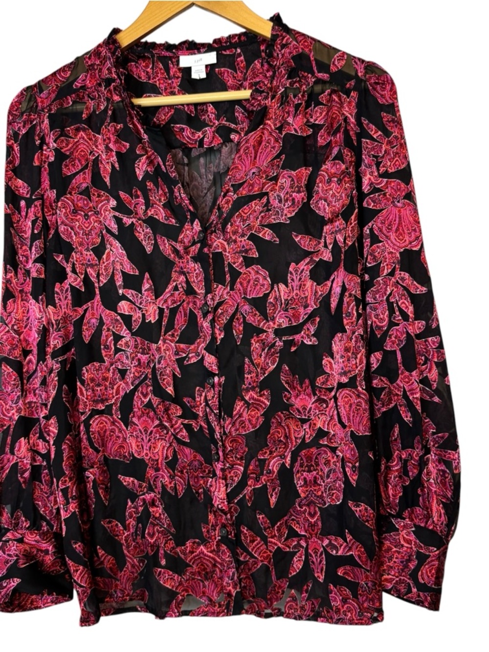 J Jill Ruffle Burnout Long Sleeve Floral Blouse Button Down Black Red Size M??